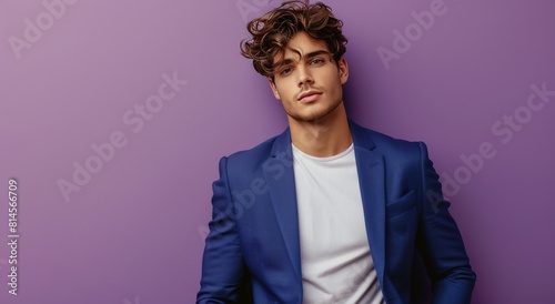Man in Blue Jacket Leaning Against Purple Wall