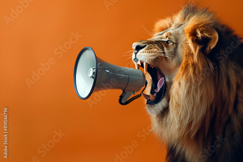 Lion roaring on a megaphone. Advertisement concept with wide copy space for text.