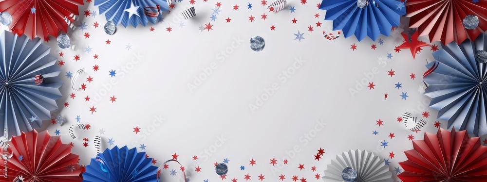 Obraz premium White banner with red, white and blue paper fans with confetti, empty copy space. Holiday concept for 4th of July, President's Day, Independence Day, US National Day, Labor Day, Fourth of July