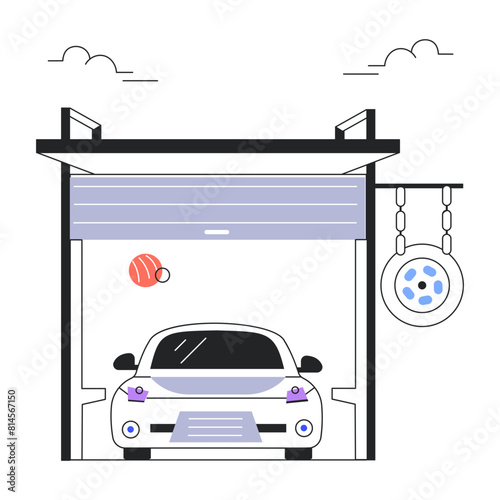 Easy to edit line illustration of car garage 