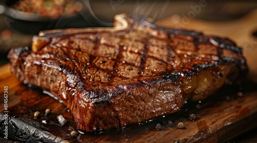 Perfectly done well-done T-bone steak, close-up shot capturing the deep brown crust and juicy interior, ideal for advertising