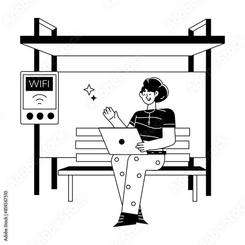 Trendy line style illustration of bus stop 