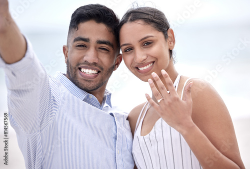 Couple, proposal and engagement ring at beach on vacation, holiday and destination for marriage as fiancee in love or romance. Happy woman, man and commitment in Bali for relationship, goals on date