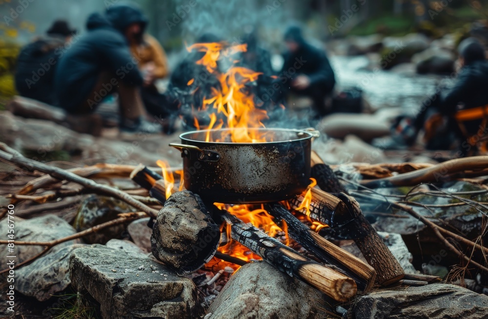 People Sitting Around Campfire With Pot People Sitting Around Campfire With Pot