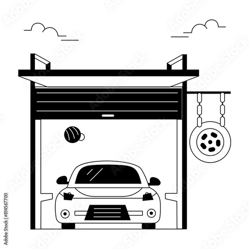 Easy to edit line illustration of car garage 