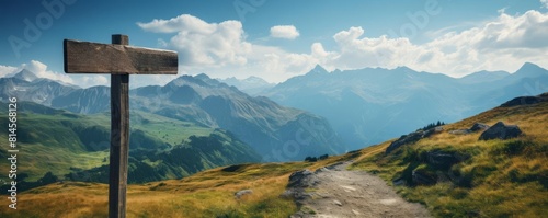 Simple wooden signpost with empty arrows, ideal for adding text, located at a scenic mountain trailhead