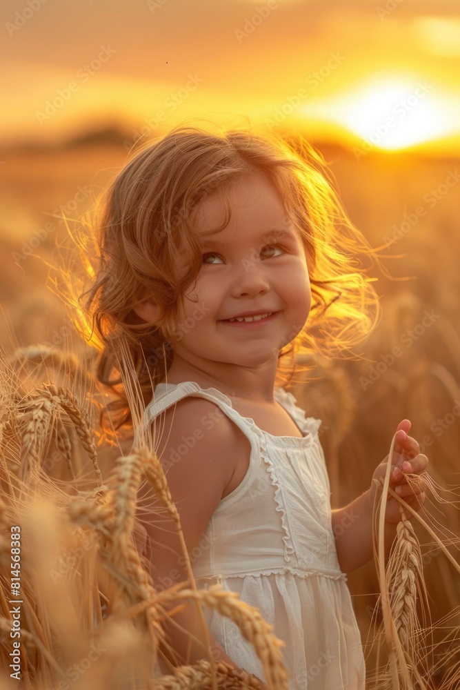 A young girl standing in a golden wheat field. Perfect for nature and agriculture concepts A young girl standing in a golden wheat field. Perfect for nature and agriculture concepts