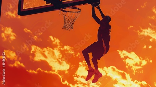 Silhouette of a basketball player dunking a ball. Great for sports marketing materials