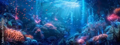 A large aquarium housing a variety of fish species swimming amidst colorful coral and aquatic plants.