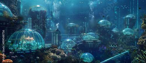 Glowing glass domes in an underwater city illuminate the depths with bioluminescent beauty below.