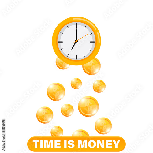Time is money concept, wall clock with falling dolor gold coins with flat style vector illustration.