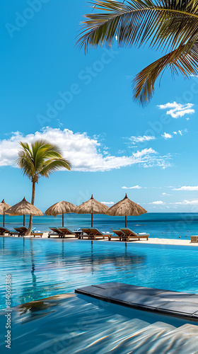 Swimming pool with palm trees and umbrellas at luxury resort