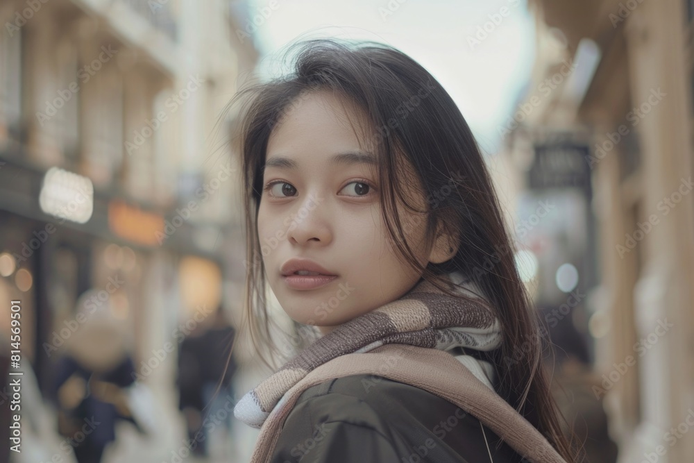 A woman standing on a city street with a scarf around her neck. Suitable for lifestyle and fashion concepts A woman standing on a city street with a scarf around her neck. Suitable for lifestyle and fashion concepts