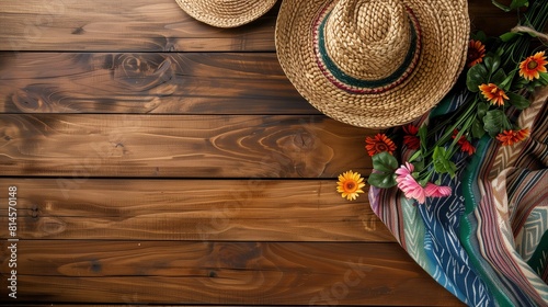 Wooden 
LBackground with straw hat and plants.  Agriculture concept, rural background.  Festa junina.  Farmer's Woven Hat photo