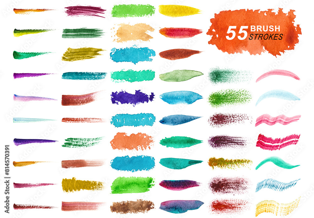 Collection of colorful watercolor brush strokes and splatters isolated ...