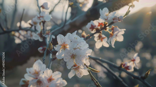 Close-up of beautiful blooming almond trees branch
