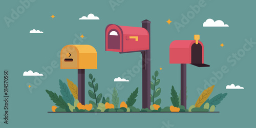 A set of three mailboxes. Standing on a lawn with grass on the background of blue sky. Vector illustration
