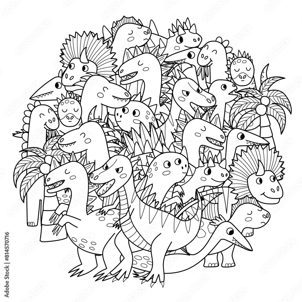  Cute dinosaurs mandala for kids. Funny dino characters circle shape Bildidee 