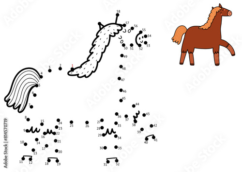 Dot to dot activity page for kids. Connect the dots and draw a cute horse. Farm animal puzzle game. Vector illustration
