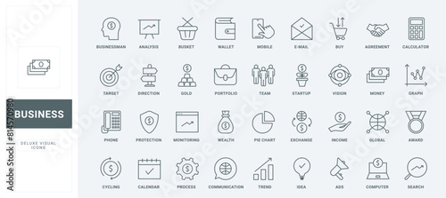 Outline symbols of money protection and accounting, monitoring and analysis of global trend by chart, agreement and communication. Business thin black and red line icons set vector illustration