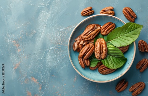 Bowl Filled With Nuts and Leaves on Blue Surface