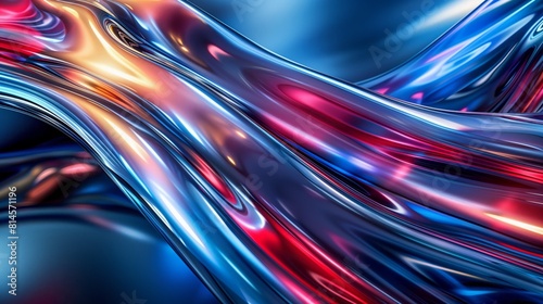 Abstract background with colorful liquid metal waves, shiny metallic surface in the style of blue and red colors.
