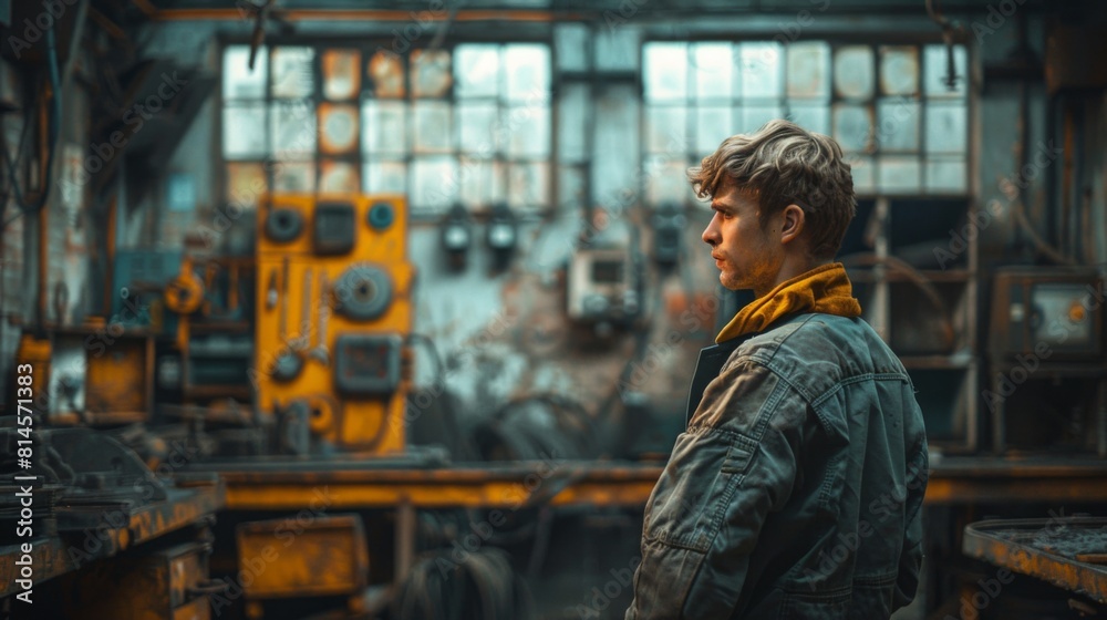 male worker stands in a workshop against an industrial background. male worker stands in a workshop against an industrial background.