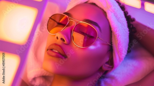 Close-up head dark skin woman in sunglasses lies on the bed in an infrared wooden cabin. photo