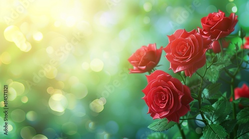 Red roses on a green blurred background with bokeh. Copy space.