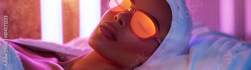 Close-up head woman in sunglasses lies on the bed in an infrared cabin. Banner. photo