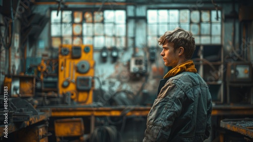 male worker stands in a workshop against an industrial background.