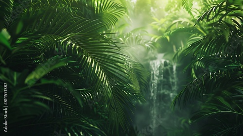 A lush green jungle with a waterfall in the foreground