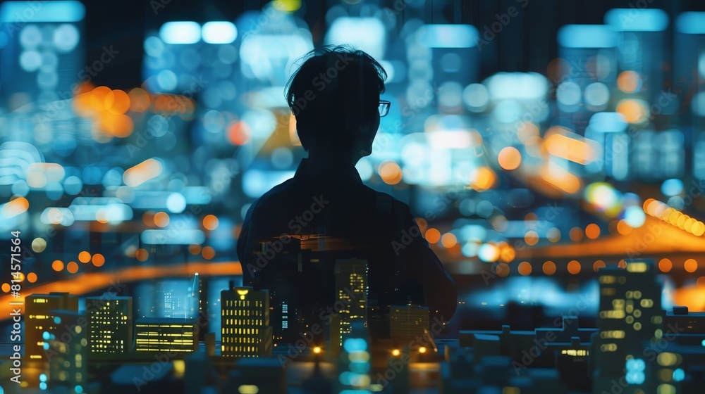 A man is standing in the middle of a city at night A man is standing in the middle of a city at night