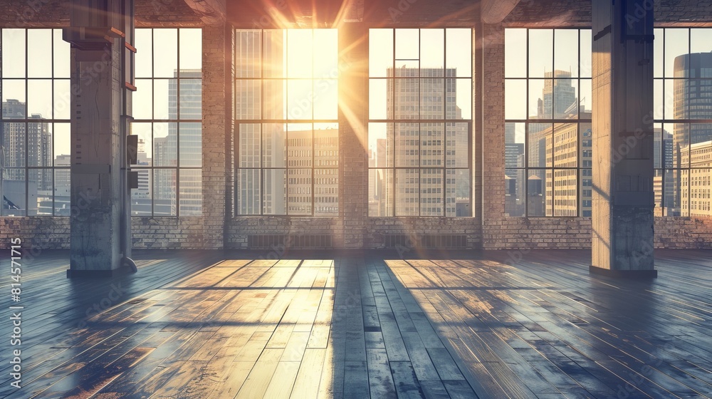 A large open room with a view of the city A large open room with a view of the city