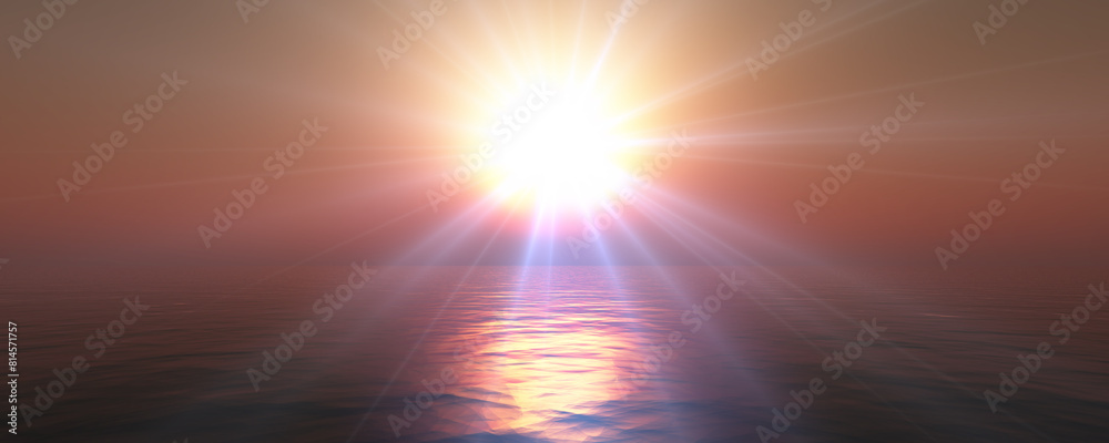 sunset sea sun ray clear sky. 3d rendering