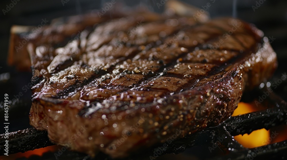 Intimate view of a medium-cooked T-bone steak, showcasing the balanced doneness and appetizing grill marks, perfect for ads Intimate view of a medium-cooked T-bone steak, showcasing the balanced doneness and appetizing grill marks, perfect for ads