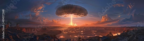 Expansive view of an atomic mushroom cloud over a devastated landscape, hyperrealistic, illuminated by the eerie glow of the explosions aftermath photo