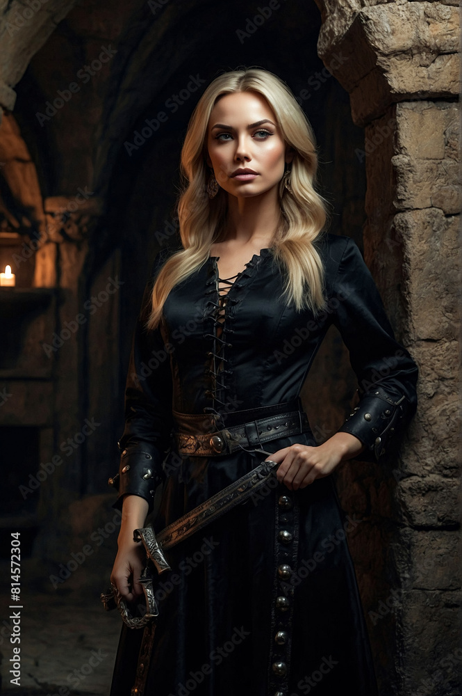 Queen of night, sexy blonde lady in black posing in dark underground room with skulls and bones in medieval castle, thought looking away. Image of Witchcraft Halloween horror concept. Copy text space