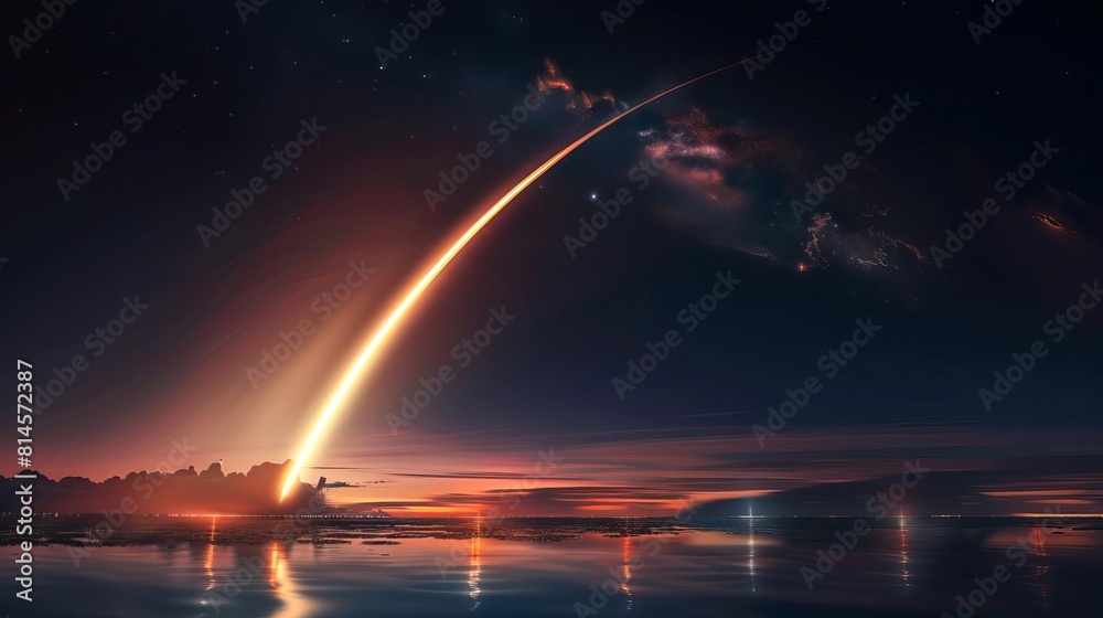 Nighttime rocket launch, the bright trail blurring into the dark sky, hyperrealistic, with vivid uplighting from the launch site Nighttime rocket launch, the bright trail blurring into the dark sky, hyperrealistic, with vivid uplighting from the launch site