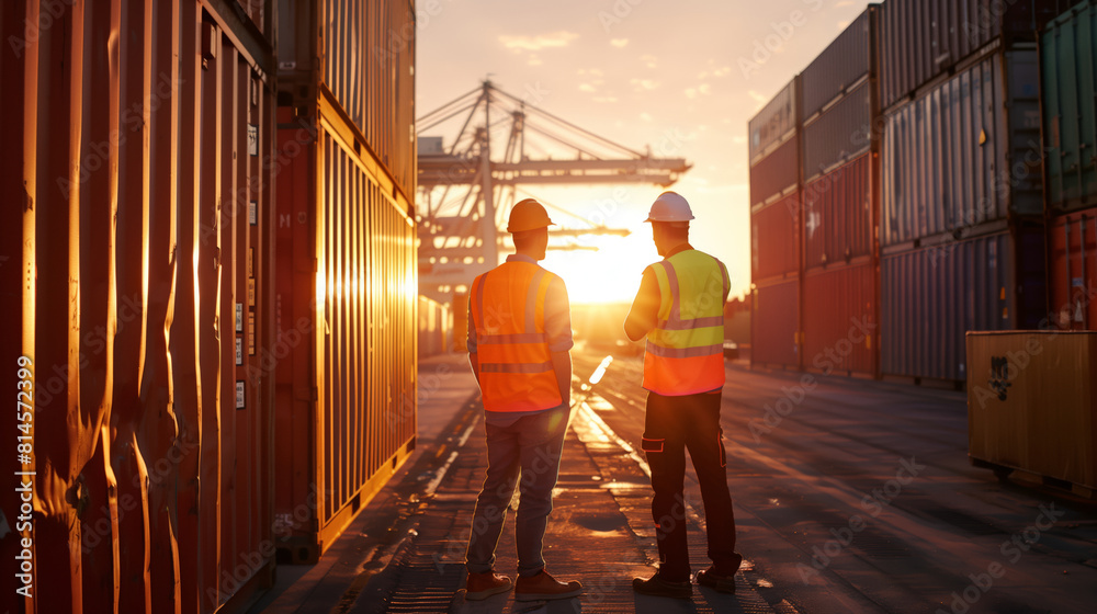 Two male workers in orange vests and hard hats stand at the seaport at sunset. A crane unloads a container at the seaport Two male workers in orange vests and hard hats stand at the seaport at sunset. A crane unloads a container at the seaport
