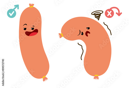 Cartoon style sausage erectile dysfunction with face emoticon. Prostatitis and Impotence. Sex problem. Cartoon style male gender symbol. Impotence, flaccid soft penis. Infertility, pills for potency.