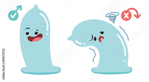 Cartoon style condom erectile dysfunction with face emoticon. Prostatitis and Impotence. Sex problem. Cartoon style male gender symbol. Impotence, flaccid soft penis. Infertility, pills for potency.