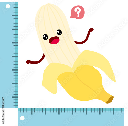 Cartoon style banana measurement with ruler. Penis size concept vector. Length breadth width metaphor. Cute comic male sexual symbol pepperoni with face facial. Adult sex health small average large. 