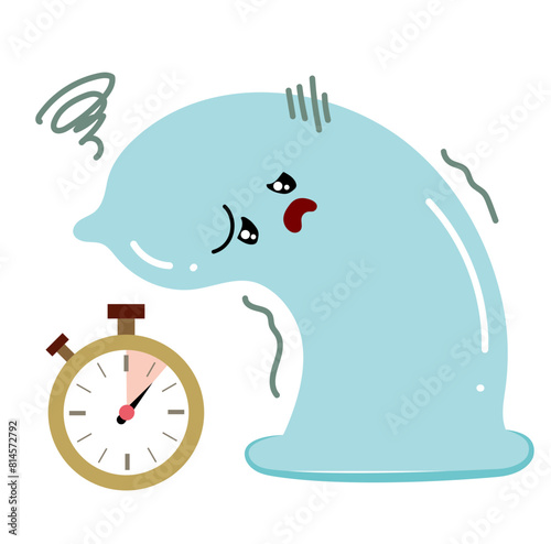 Cartoon style premature ejaculation condom with sad facial emotion.Cute comic doodle male gender sex problem. Impotence flaccid soft penis. Infertility, pill for potency. Sexual. Erectile dysfunction