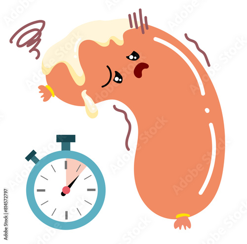 Cartoon style premature ejaculation sausage with sad facial emotion.Cute comic doodle male gender sex problem. Impotence flaccid soft penis. Infertility, pill for potency. Sexual. Erectile dysfunction
