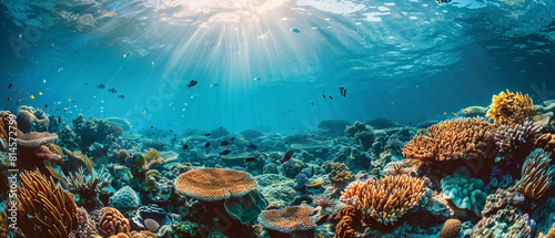 Vibrant coral reef home to diverse marine species, thriving in the underwater world's bustling ecosystem.