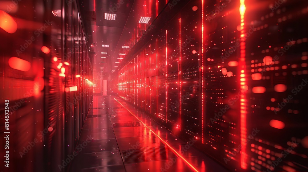 3D render of a data center under cyber attack, with visual effects illustrating firewall breaches and data leaks for educational purposes