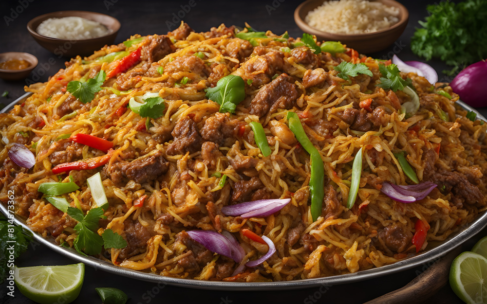 Sri Lankan kottu, chopped roti, vegetables, meat stir-fry, colorful ...