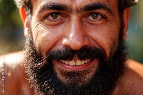 Closeup of hairy bearded man with wierd goofy smile, personality