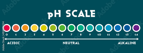 pH value scale chart for acid-alkaline solution. PH scale science design vector illustration. Colorful graph for test. Chart for the Acidic Neutral and Alkaline pH of various liquids and solvent.PH